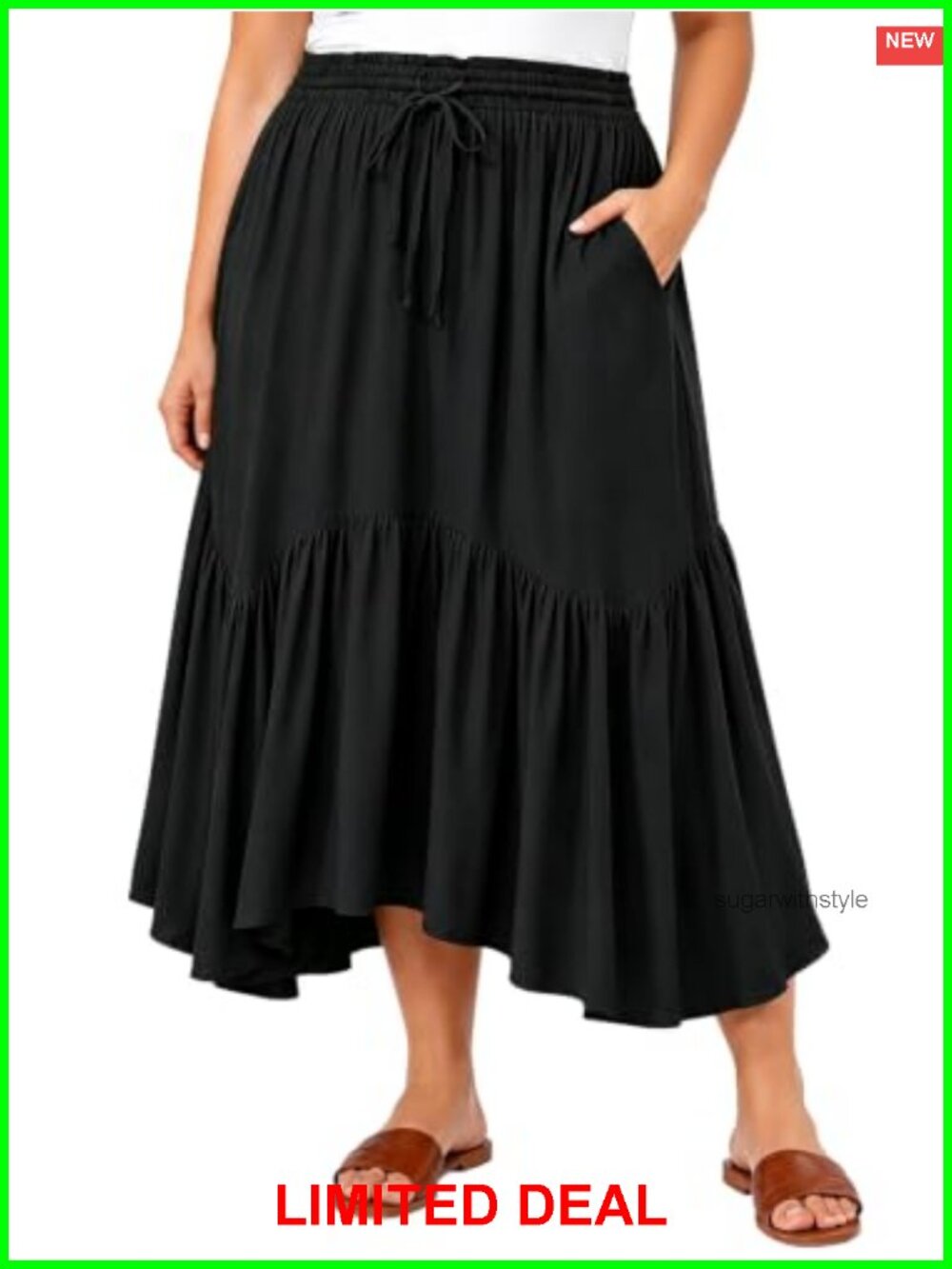 Plus Size High Waisted Ruffle A-Line Maxi Skirt with Pockets